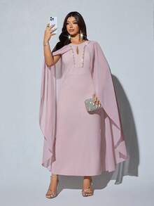 Viva Relle 大码女士春夏新款雪纺钻石装饰粉色连衣裙，奢华优雅收腰直筒连衣裙。适合浪漫约会、优雅聚会、婚礼季和正式场合：女士奢华晚礼服。 - 藕粉色 - 查看 4