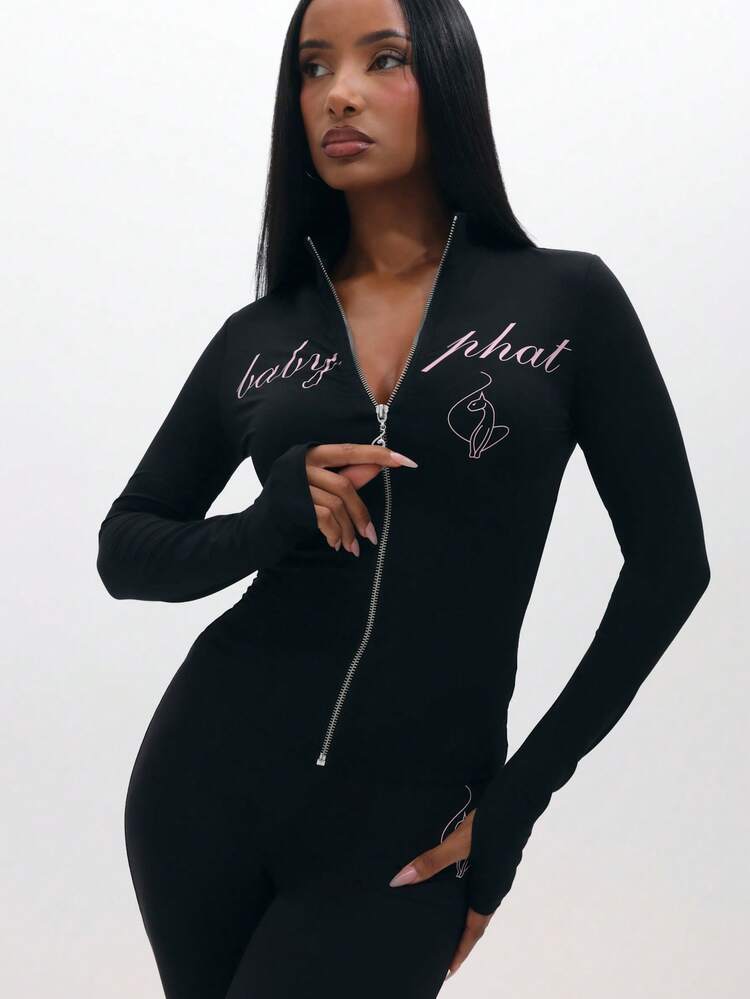 BABYPHAT Plus Size Women Black Zip Through Hoodie Long Sleeve V Neck Script Print Casual Sweatshirt Top Winter Fall Comfortable Relaxed Fit