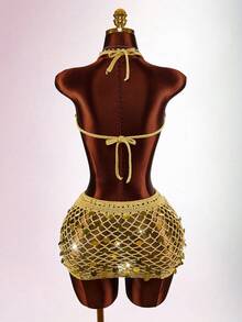 Amplova Women's Halter Backless Sequin Tassel Crop Top And Sequin Embroidered Gold Mini Skirt Set - Gold - View 2