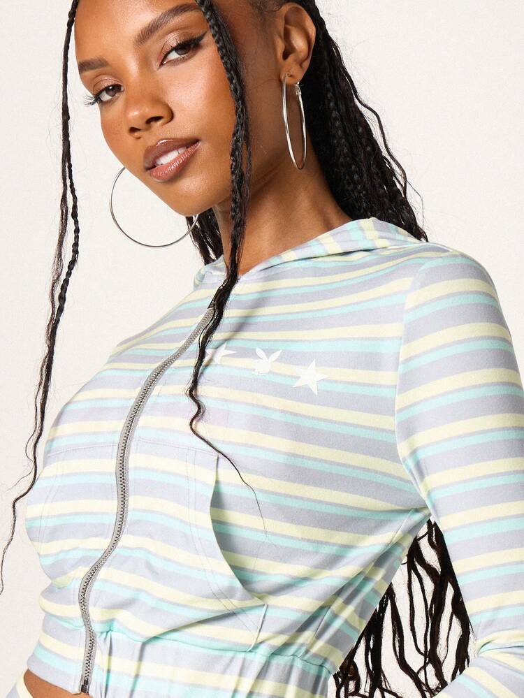 Missguided x Playboy 여성용 파스텔 스트라이프 풀 지퍼 로고 캐주얼 스웨트셔츠 재킷 긴팔 드로스트링 후드티