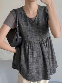 FRIFUL Women's Solid Color V-Neck Sleeveless Pleated Loose Casual Versatile Layering Tank Top, Suitable For Spring And Summer - Black - View 4