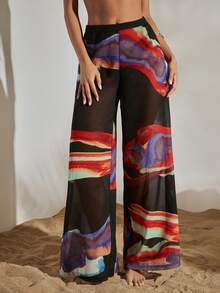 Opulessa Women's Tie-Dye Chiffon Wide Leg Loose Casual Pants Suitable For Beach Vacation, Casual, Holiday ,Going Out, Party, Beach - Purple - View 1