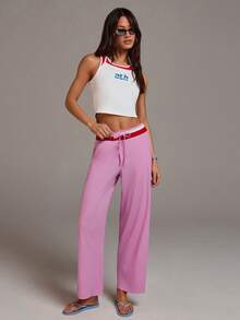 Athîral Women's Letter Print Patchwork Top And Drawstring Waist Long Pants Casual Sports Suit - Multicolor - View 3