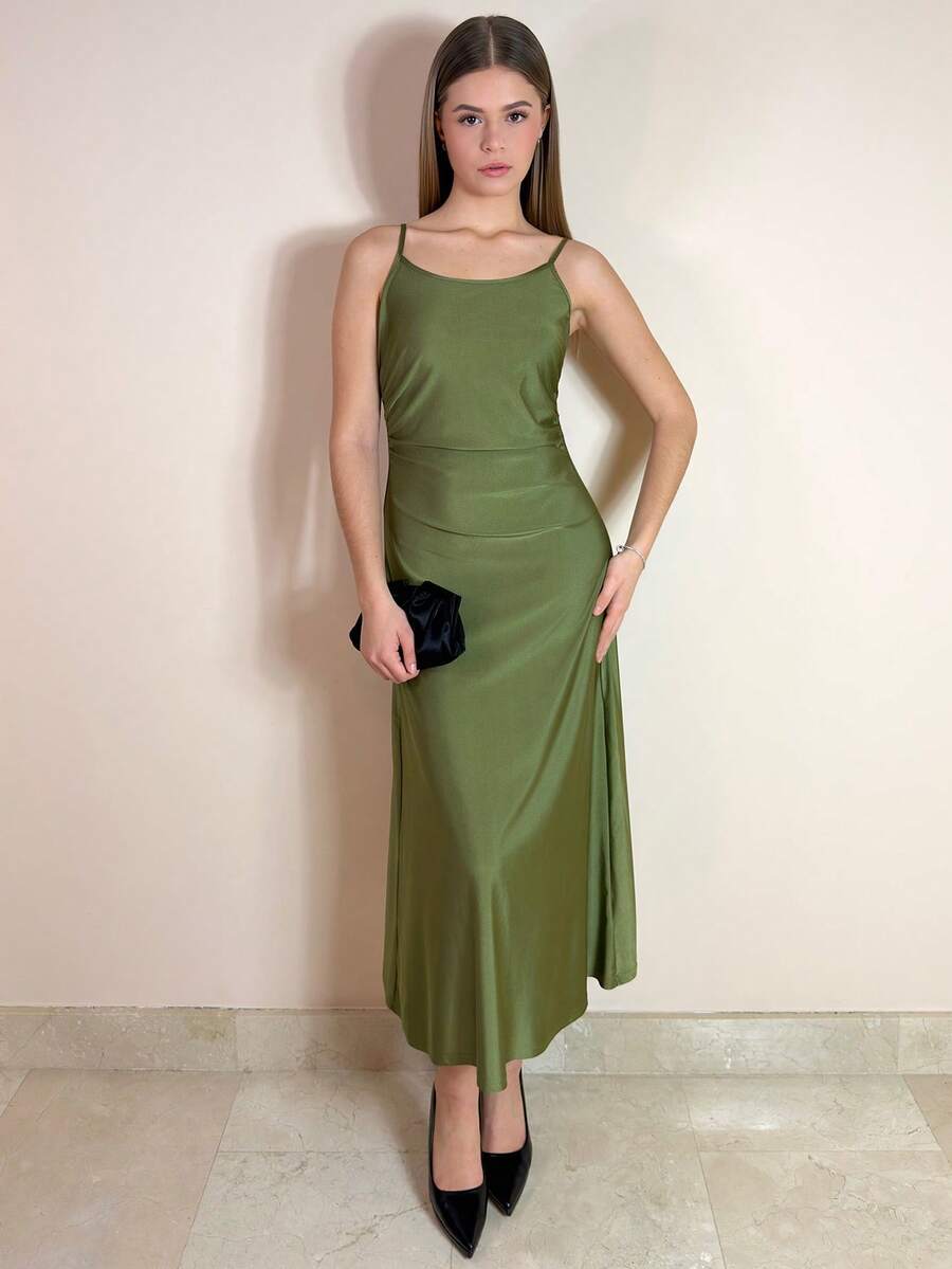 Aless PB 腰部褶饰摆吊带连衣裙 - 軍綠色 - 查看 1