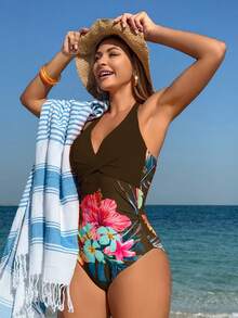 Swim Lushoire Women's Halter V-Neck Solid Color Floral Print Twist Front One-Piece Swimsuit - Brown - View 6
