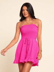 Coeurva Bộ jumpsuit nữ màu hồng, kiểu dáng giản dị, lãng mạn, thanh lịch, tối giản, thích hợp cho kỳ nghỉ biển, không dây vai. - Màu Hồng Tươi - Xem 5