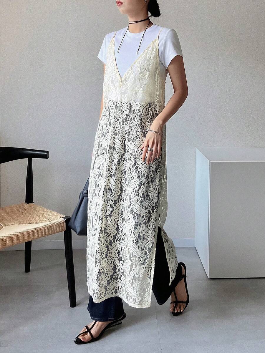 FRIFUL 女士轻薄透视蕾丝罩衫休闲连衣裙，侧开衩，宽松版型，适合春夏穿着 - 米色 - 查看 1