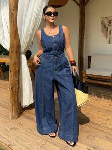 Dazy Plus Bộ jumpsuit không tay bằng vải denim màu xanh đậm, kiểu dáng nghỉ dưỡng, dáng dài, thích hợp cho mùa xuân/hè. - Rửa tối - Xem 4