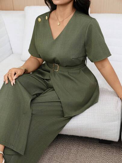 Modelyn Conjunto Casual de Camisa e Calça Plus Size com 2 Peças
