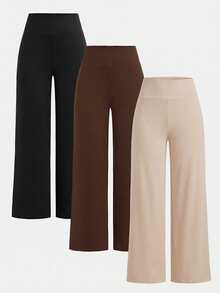 SHEIN Girlism 3件套少女高腰针织紧身/阔腿裤，黑色/棕色/米色，百搭舒适休闲家居裤，秋冬款 - 杏色 - 查看 3
