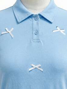 SHEIN 少女宽松休闲舒适翻领卡通图案荷叶边下摆连衣裙 - 藍色 - 查看 4