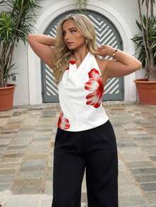 Jeta Ari 女士优雅浪漫时尚通勤性感时尚衬衫，适合派对、度假、浪漫约会和婚礼生日装情人节，橙色花卉印花吊带露背衬衫 - 白色 - 查看 4