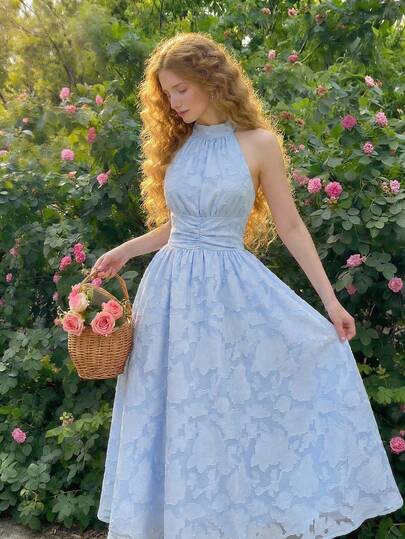 SHEIN MOD Women's Solid Color Embossed Pleated Elegant Halter Midi Dress, Spring/Summer Outfit, Wedding Guest Dress For Women, Birthday Dress, Elegant, Romantic, Formal Dress, Tea Party Dress, Jacquard Dress, Dinner Outfit For Women,, Backless Dress, Vacation Dress, Blue Dress, Cocktail Dress, Classy Elegant, Graduation Dress, Long Party Dresses, Elegant Ceremony Dresses, Garden Party Dresses