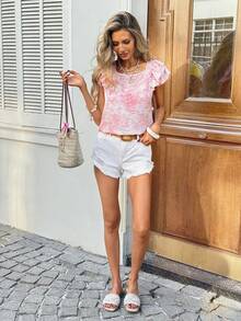 SHEIN LUNE Áo sơ mi nữ tay ngắn nhuộm màu loang kiểu dáng thường ngày, có nơ sau lưng, thích hợp cho mùa hè, kỳ nghỉ, đi làm và mặc hàng ngày. Áo hè màu hồng cho nữ, trang phục hè cho nữ, áo tay bèo, áo nữ mùa hè màu hồng đậm, áo thường ngày màu hồng. - Hồng - Xem 5