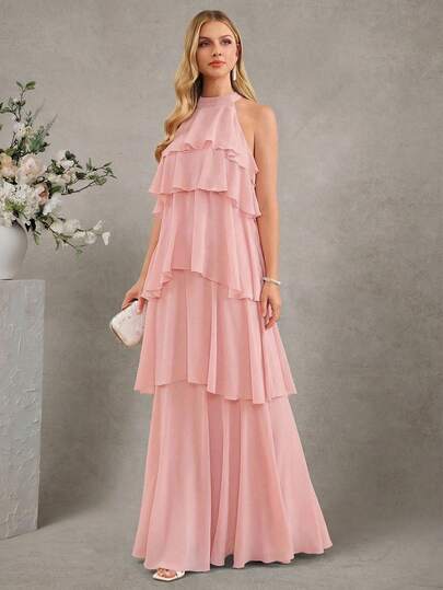 Amorya 女士优雅粉色露背荷叶边长裙，飘逸长款，适合夏季度假