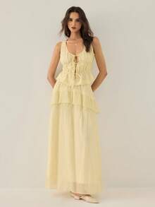Gaivellea Women's Spring/Summer French Elegant Romantic Outfit, Pale Yellow Tie-Front Shirt And Loose Ruffled Maxi Skirt 2-Piece Set, Suitable For Outings And Dates - Light Yellow - View 3
