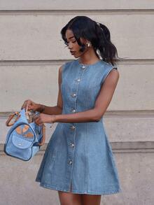 Mima John 女式牛仔无袖迷你连衣裙，休闲修身，蓝色 - 淺色水洗藍 - 查看 5