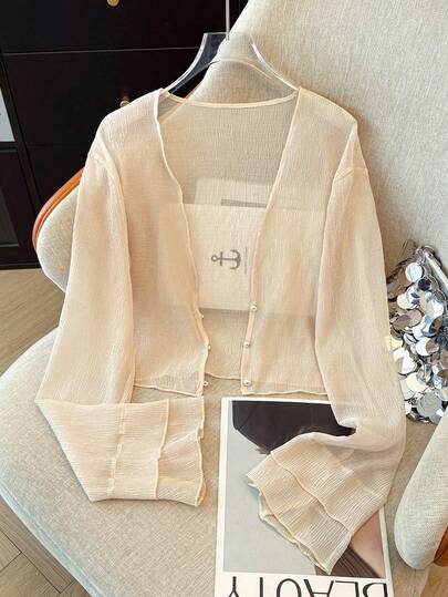 Women's Delicate Textured Lightweight Sheer Cardigan, Short Pearl Button Shrug For Summer
