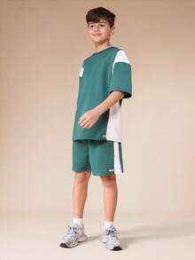 SUMWON Color Block Tween Short Sleeve T-Shirt And Shorts Two Piece Coordinated Set With Contrast Dark Green Panel Details For Casual Summer Wear School - Dark Green - View 1