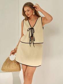 Auralis Plus Size Women Beige Summer Vacation Smart Casual 2 Pieces Set,100% Cotton V-Neck Tie Front Sleeveless Top And Skirt Set,Elegant Outfits - Apricot - View 6