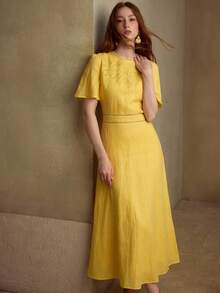 MOTF PREMIUM WOMEN'S SHORT SLEEVE ROUND NECK EMBROIDERED 100% LINEN MIDI DRESS, CASUAL & DATE WEAR, SPRING/SUMMER - Yellow - View 6
