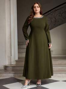 ZEYLAH Beaded Decor Fitted Long Sleeve Dress Fall - Olive Green - View 4