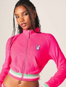 Missguided x Playboy 品牌亮粉色毛巾布拉链卫衣外套，袖口和下摆饰有条纹细节 - 粉色 - 查看 5