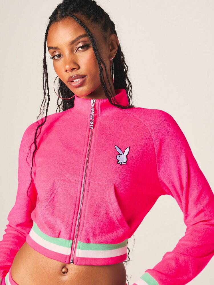 Missguided x Playboy Branded Bright Pink Terry Toweling Zip Through Sweatshirt Jacket With Striped Cuffs And Hem Detail
