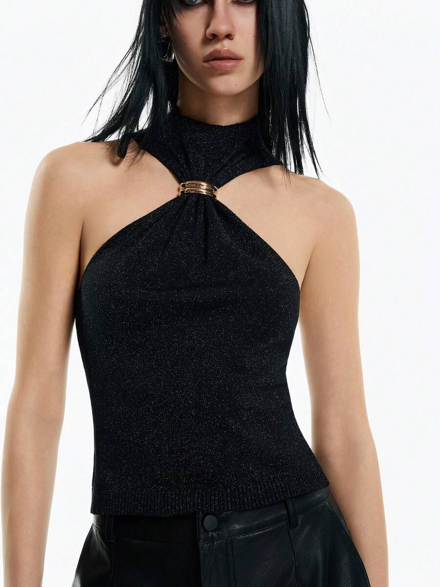 Airlisse Women's Halter Neck Cinched Waist Glitter Knit Tank Top Halter Tops For Women High Neck Top Black Top - Black - View 1