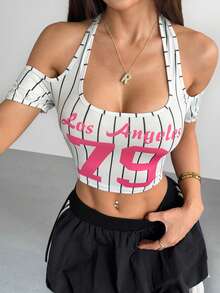 valorelle valorelle Women's Fashion Halter Striped Sporty Casual Sexy Crop Top, Off-Shoulder Short Sleeve Letter Print Street Style T-Shirt, Spring/Summer - Multicolor - View 5
