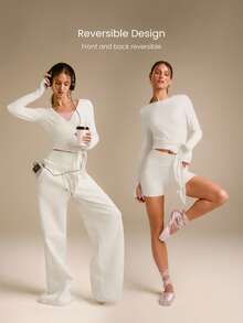 GLOWMODE FeatherFit™ Split Decision 二合一双面穿 柔软弹力吸汗系腰长袖上衣 瑜伽普拉提工作室日常休闲装 - 白色 - 查看 3