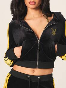 Missguided x Playboy Áo khoác nữ nhung mềm mại, khóa kéo toàn thân, điểm nhấn sọc vàng và thêu hình thỏ, phong cách đường phố mùa đông sang trọng, thường ngày. - màu đen - Xem 5