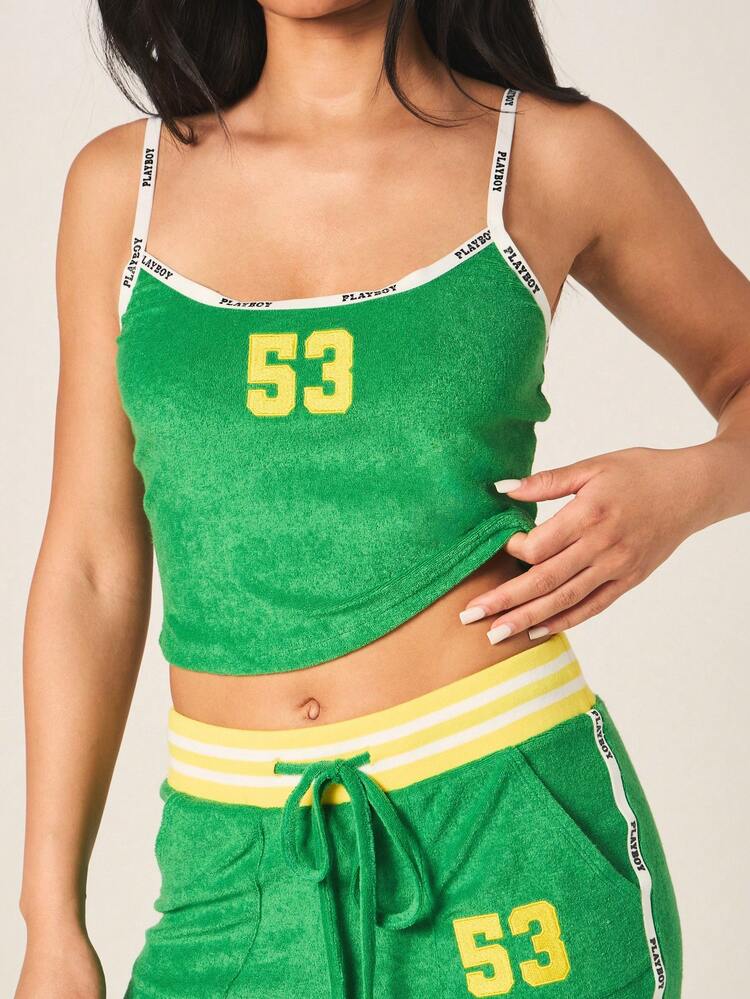 Missguided x Playboy Bright Green Terry Toweling Camisole Top With Yellow Number 53 Print And Contrast Logo Straps For Summer Casual Wear