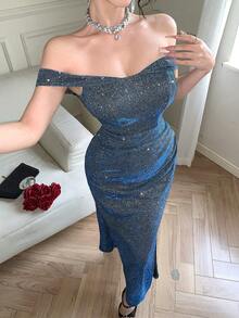 DAZY 女士优雅露肩褶裥鱼尾中长连衣裙，亮面面料，夏季婚礼宾客礼服 - 藍色 - 查看 1