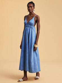 Travachic Đầm denim hai dây hở lưng thời trang nữ, thích hợp cho kỳ nghỉ - Rửa nhẹ - Xem 3