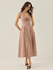 SHEIN ChicEase Đầm ôm dáng, cổ chữ V sâu, thắt eo, họa tiết kẻ caro dành cho nữ. - màu nâu - Xem 3