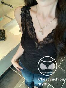 FRIFUL 女士V领蕾丝加垫时尚百搭休闲上衣 - 黑色 - 查看 1