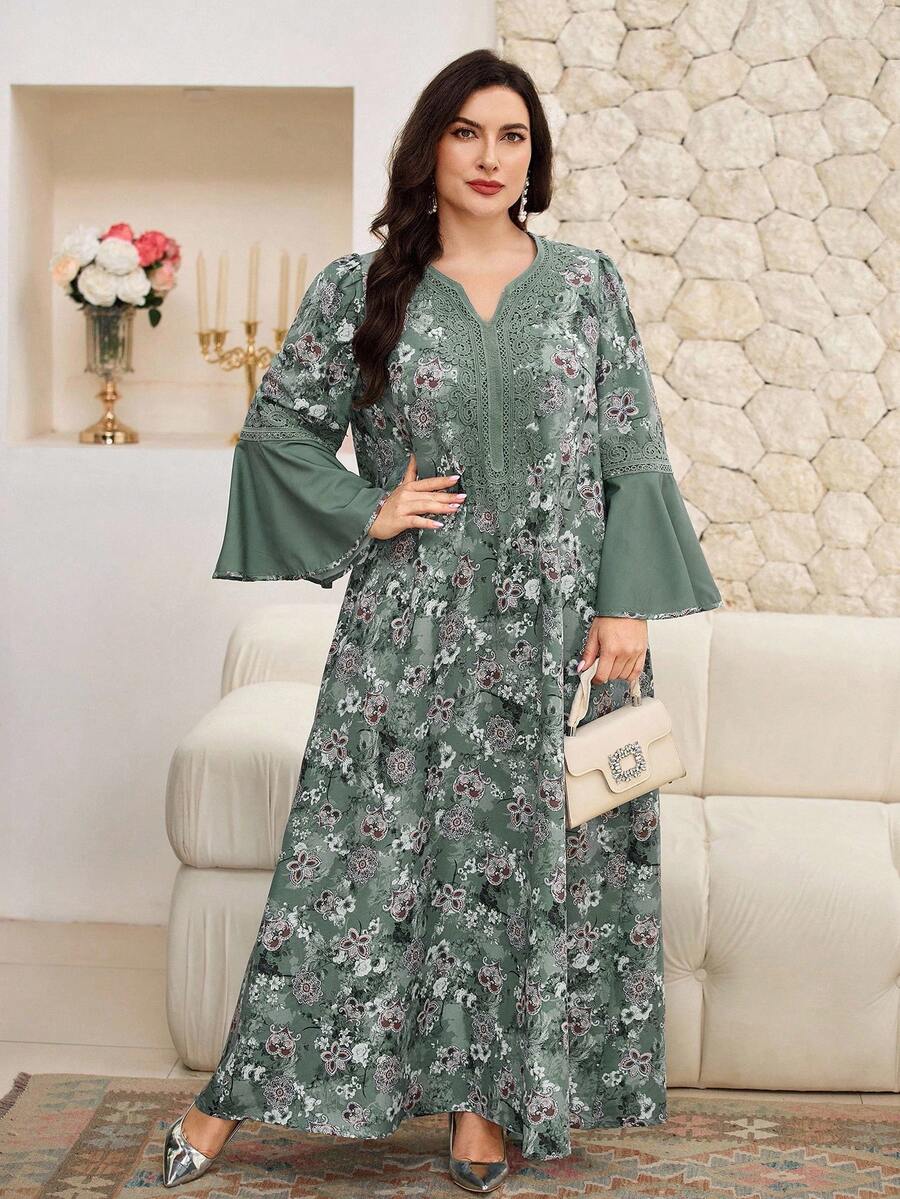 Al Najma Plus Size Women's Elegant Party V-Neck Lace Patchwork Retro Print Flare Sleeve Dress - Multicolor - View 1