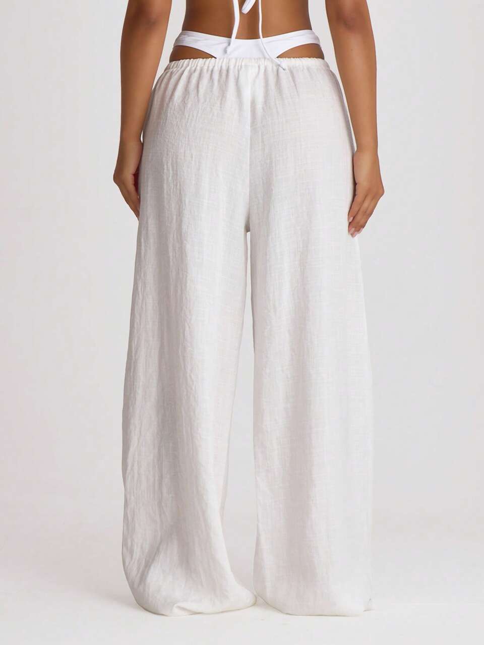 White Drawstring Wide Leg Linen Trousers