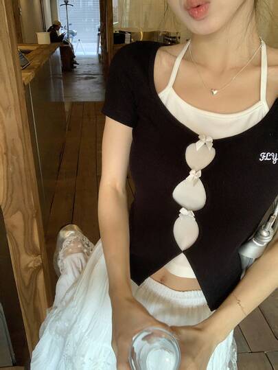 DAZY Áo thun nữ 2 trong 1 phối nơ tương phản, kiểu Hàn Quốc mùa hè.