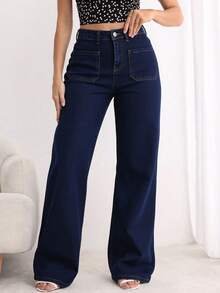Jeans Amplios de Cintura Alta de Color Azul Oscuro para Mujer, Pantalones Simples y Retro - Azul lavado oscuro - Ver 4