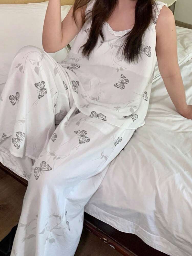 Dazy Plus Plus Size Women Butterfly Print Sleeveless Top And Wide Leg Pants Pajama Set, Casual Loungewear For Spring And Summer