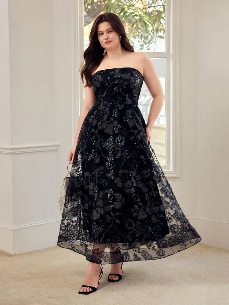 PLUS ELEGANT ROMANTIC SEQUIN FLORAL EMBROIDERY STRAPLESS DRESS
