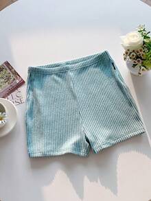 Comfortcana Women's Casual Ribbed Knit Cycling Shorts, Solid Color, Suitable For Daily Commute, Summer - Blue - View 4