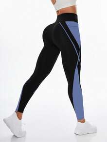 Exploreva Fitted High Waist Comfortable Breathable Contrast Color Sports Leggings - Iron Gray - View 2