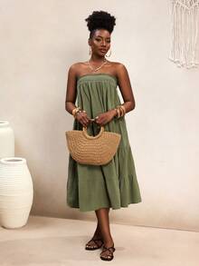 BamGleam Đầm cúp ngực không dây, xếp ly, chất liệu 100% cotton, kiểu boho, dáng suông, thoải mái, thích hợp cho đi biển, dự tiệc, mùa xuân/hè, dành cho nữ. - màu xanh lá - Xem 4