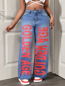 BamGleam Cowgirl Style Non-Stretch Blue Printed Straight Leg Pants, Spring Outfits For Women - Medium Wash - View 7