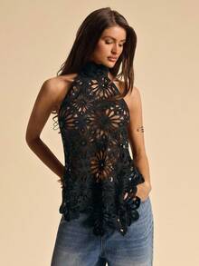 SHEIN BAE Black Sheer Lace Halter Backless Elegant Top, Black Lace Tank Top, Spring/Summer - Black - View 3
