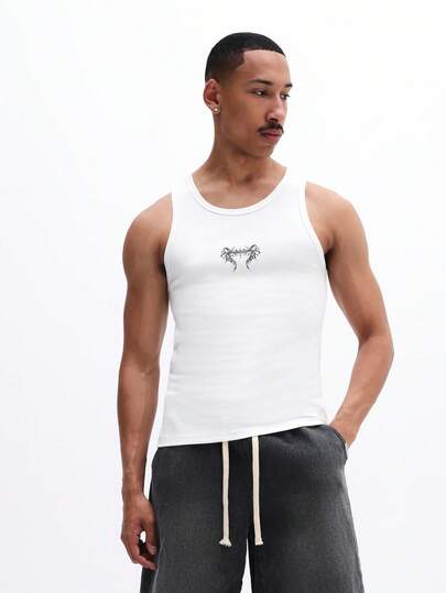 SUMWON Men's Sleeveless White Tank Top With Small Chest Print Design Casual Summer Basic Tee