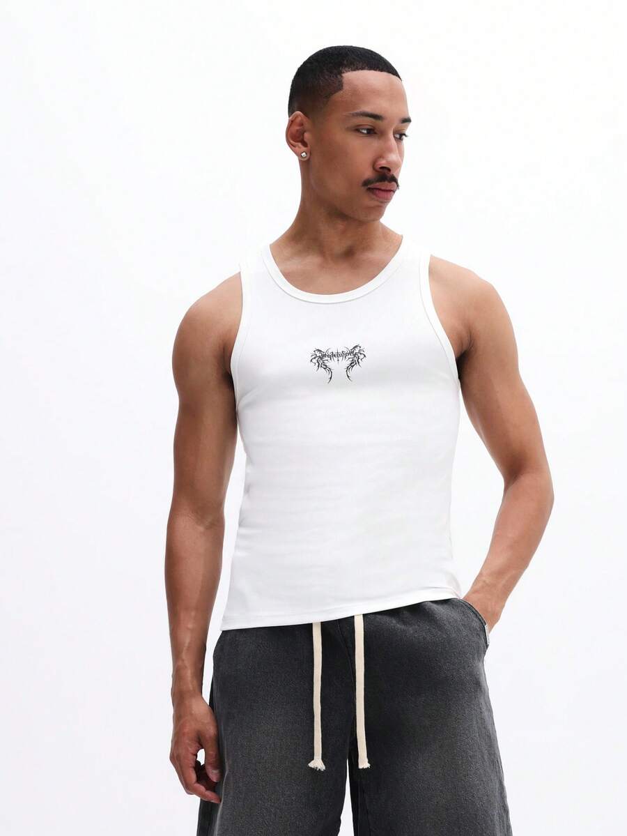 SUMWON 男士无袖白色背心，胸前小印花设计，休闲夏季基础款T恤 - 白色 - 查看 1